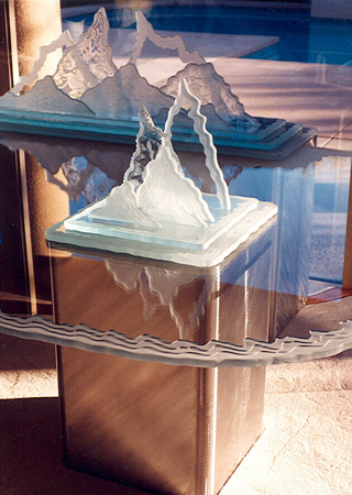 Sculpture with a Frosted Glass Glacier Peaks Abstract Design for Semi-Private by Sans Soucie Art Glass