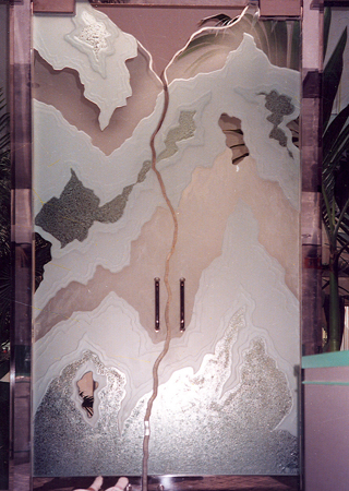 Interior Glass Door featuring Frosted Glass Design Etched Glass by Sans Soucie Art Glass with Custom Abstract Design Glacier's End