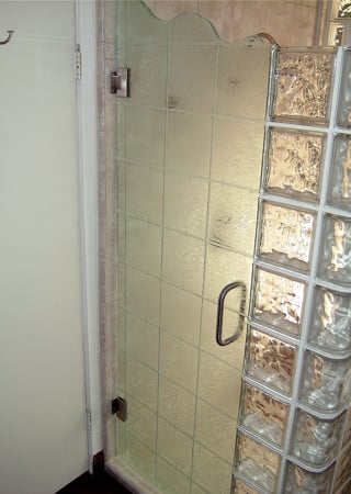 Shower Door featuring a Frosted Glass Patterns Design Sandblast Etched Glass Gluechip Tiles Design by Sans Soucie
