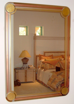 Private Decorative Mirror with Sandblast Etched Glass Art by Sans Soucie Featuring Golden Copper Border  Design
