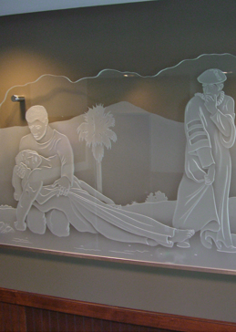 Handcrafted Etched Glass Glass Wall Art by Sans Soucie Art Glass with Custom Liturgical Design Called Good Samaritan Creating Semi-Private