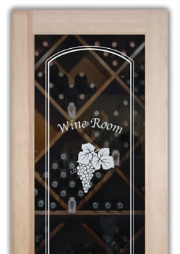 Art Glass Wine Door Featuring Sandblast Frosted Glass by Sans Soucie for Not Private with Grapes & Ivy Grape Cluster Arched Border with Text Design