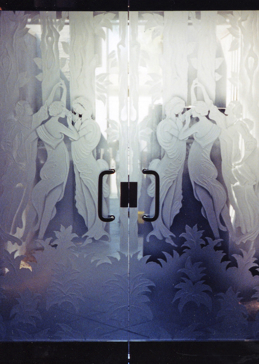 Frameless Glass Door Entry with a Frosted Glass Grecian Ladies Art Deco Design for Semi-Private by Sans Soucie Art Glass