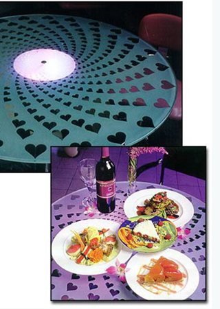 Glass Dining Table with Frosted Glass Patterns Heart Institute- Hearts a Whirl  Design by Sans Soucie