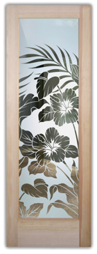 Handmade Sandblasted Frosted Glass Front Door for Semi-Private Featuring a Tropical Design Hibiscus Anthurium by Sans Soucie