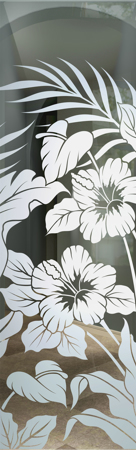 Interior Glass Insert featuring a Frosted Glass Tropical Design Sandblast Etched Glass Hibiscus Anthurium Design by Sans Soucie