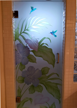 Handmade Sandblasted Frosted Glass Shower Door for Semi-Private Featuring a Tropical Design Hibiscus Anthurium by Sans Soucie