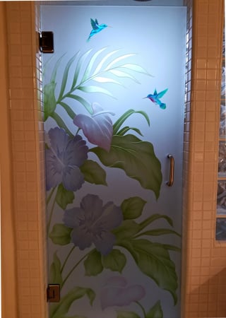 Shower Door featuring a Frosted Glass Tropical Design Sandblast Etched Glass Hibiscus Anthurium Design by Sans Soucie