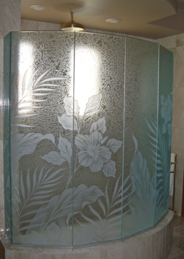 Art Glass Shower Enclosure Featuring Sandblast Frosted Glass by Sans Soucie for Semi-Private with Tropical Hibiscus Ferns Design