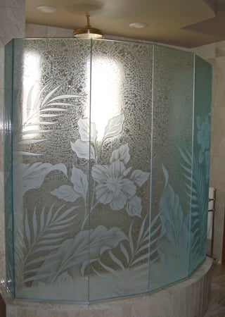 Shower Enclosure with sandblast Frosted Glass Design Art Glass Featuring Sandblast Etched Glass by Sans Soucie