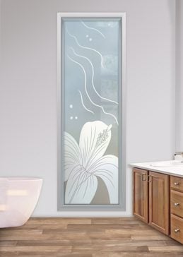 Private Window with Sandblast Etched Glass Art by Sans Soucie Featuring Hibiscus Ripples Tropical Design