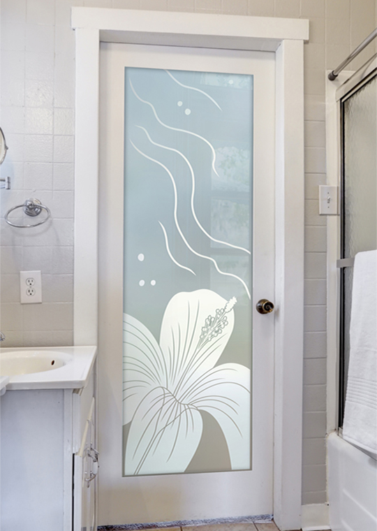 Hibiscus flower frosted glass bathroom door with etched curves and flowing details for a tropical, elegant style.