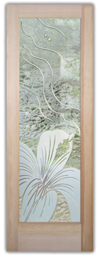 Semi-Private Front Door with Sandblast Etched Glass Art by Sans Soucie Featuring Hibiscus Ripples Tropical Design