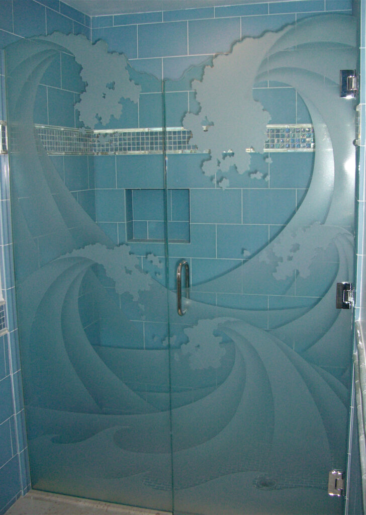 Frameless glass shower door featuring High Seas design by sans soucie art glass