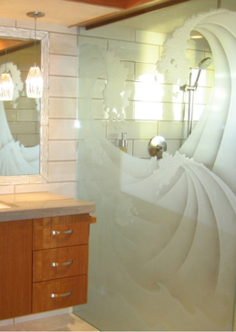 Custom-Designed Decorative Shower Partition with Sandblast Etched Glass by Sans Soucie Art Glass Handcrafted by Glass Artists