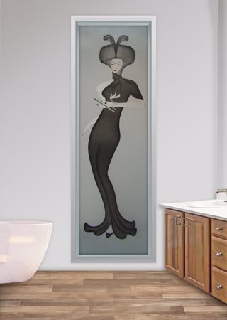 Window showcasing a Frosted Glass Art Deco Design with Sandblast Etched Glass Art by Sans Soucie Hillis Furs Puff Design