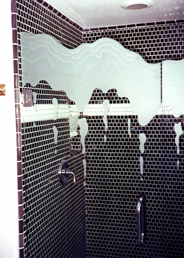 Not Private Shower Enclosure with Sandblast Etched Glass Art by Sans Soucie Featuring Iceberg Dripping Edge Abstract Design