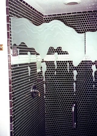 Shower Enclosure showcasing a Frosted Glass Edges Design with Sandblast Etched Glass Art by Sans Soucie Iceberg Dripping Edge Design