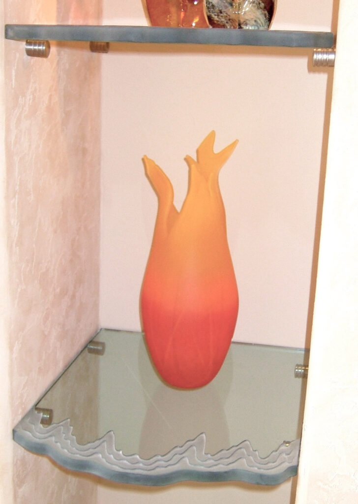 Glass shelf for interiors, showers, and commercial spaces.