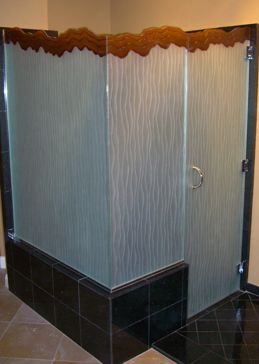 Private Shower Enclosure with Sandblast Etched Glass Art by Sans Soucie Featuring Shoreline Brown Kerven Patterns Design