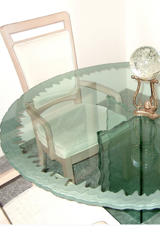 Glass Dining Table featuring Frosted Glass Design Etched Glass by Sans Soucie Art Glass with Custom Edges Design Iceberg Edge