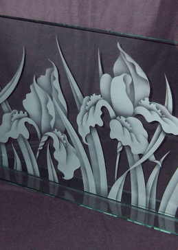 Fireplace Screen with a Frosted Glass Iris Floral Design for Semi-Private by Sans Soucie Art Glass