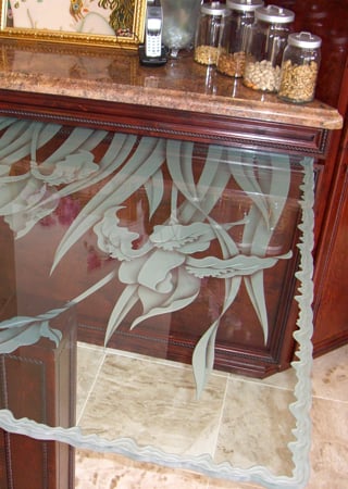 Glass Dining Table with a Frosted Glass Iris Floral Design for Semi-Private by Sans Soucie Art Glass