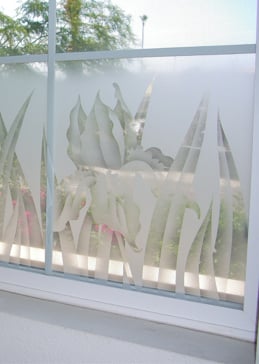 Window with a Frosted Glass Iris Floral Design for Semi-Private by Sans Soucie Art Glass