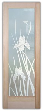 Handmade Sandblasted Frosted Glass Bathroom Door for Private Featuring a Floral Design Iris Hummingbird by Sans Soucie