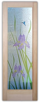 Handmade Sandblasted Frosted Glass Interior Prehung Door or Interior Slab Door for Semi-Private Featuring a Floral Design Iris Hummingbird by Sans Soucie