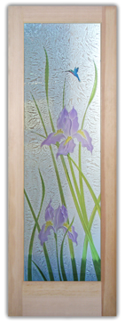 Handmade Sandblasted Frosted Glass Interior Prehung Door or Interior Slab Door for Semi-Private Featuring a Floral Design Iris Hummingbird by Sans Soucie