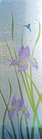 Door Glass Insert featuring a Frosted Glass Floral Design Sandblast Etched Glass Iris Hummingbird Design by Sans Soucie