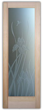 Handmade Sandblasted Frosted Glass Interior Door for Private Featuring a Floral Design Iris Hummingbird by Sans Soucie