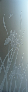 Handmade Sandblasted Frosted Glass Interior Insert for Private Featuring a Floral Design Iris Hummingbird by Sans Soucie