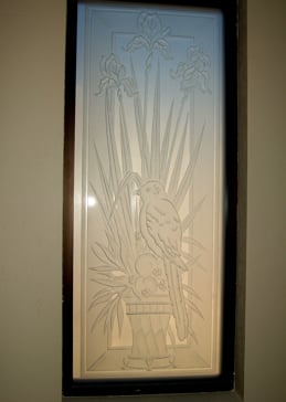 Window with a Frosted Glass Iris Perch Floral Design for Private by Sans Soucie Art Glass