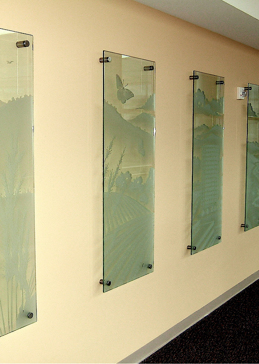 Handmade Sandblasted Frosted Glass Glass Wall Art for Semi-Private Featuring a Landscapes Design Kaiser Hospital Irvine  by Sans Soucie