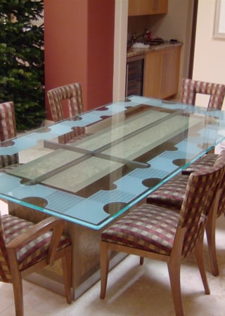 Glass Dining Table with a Frosted Glass Geometric Isomer Geometric Design for Semi-Private by Sans Soucie Art Glass