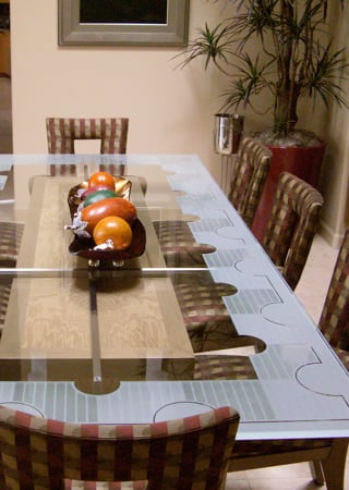 Glass Dining Table with a sandblast Frosted Glass Geometric Design Custom-Designed Decorative Etched Glass