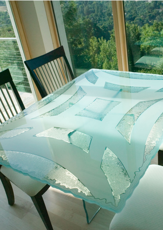 Glass Dining Table featuring Frosted Glass Design Etched Glass by Sans Soucie Art Glass with Custom Geometric Design Kohn's Geo 