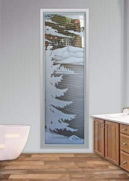 Art Glass Window Featuring Sandblast Frosted Glass by Sans Soucie for Semi-Private with Trees Lake Arrowhead Design