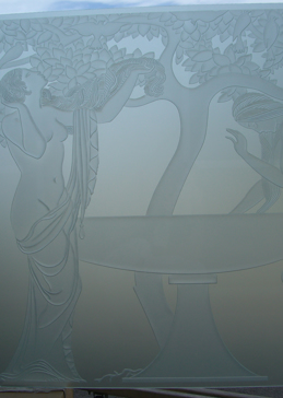 Art Glass Window Featuring Sandblast Frosted Glass by Sans Soucie for Private with Art Deco Le Bain Deco Ladies Design