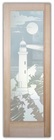 Interior Door featuring Frosted Glass Design Etched Glass by Sans Soucie Art Glass with Custom Oceanic Design Lighthouse Beaming