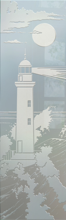 Interior Glass Insert featuring Frosted Glass Design Etched Glass by Sans Soucie Art Glass with Custom Oceanic Design Lighthouse Beaming