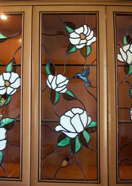 Art Glass Cabinet Glass Featuring Sandblast Frosted Glass by Sans Soucie for Semi-Private with Wildlife Hummingbird Magnolia Design