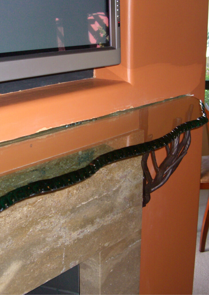 Sleek Chipped Mitred Polished Edge Irregular glass shelf, perfect for displaying decor in your living room.