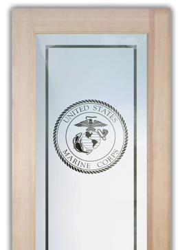 Handmade Sandblasted Frosted Glass Bathroom Door for Semi-Private Featuring a Logos Design Marine Corp Seal by Sans Soucie