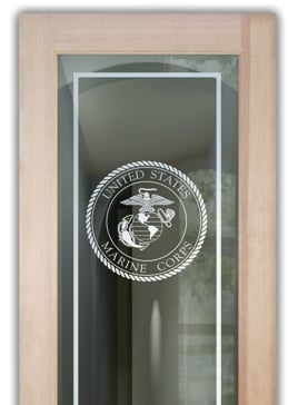 Handmade Sandblasted Frosted Glass Bathroom Door for Not Private Featuring a Logos Design Marine Corp Seal by Sans Soucie