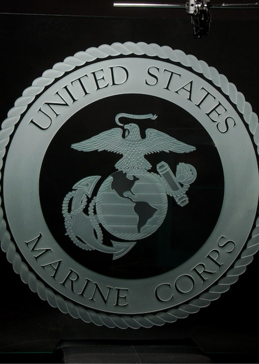 Handmade Sandblasted Frosted Glass Glass Sign for Semi-Private Featuring a Logos Design Marine Corp Seal by Sans Soucie