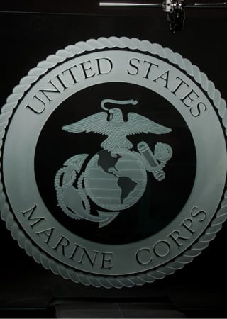 Glass Sign featuring a Frosted Glass Logos Design Sandblast Etched Glass Marine Corp Seal Design by Sans Soucie