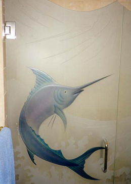 Shower Enclosure with a Frosted Glass Marlin Oceanic Design for Not Private by Sans Soucie Art Glass